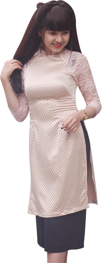 Combo 2 Áo Dài Lụa Chấm Bi FATRALY - Nude + Ví Cầm Tay