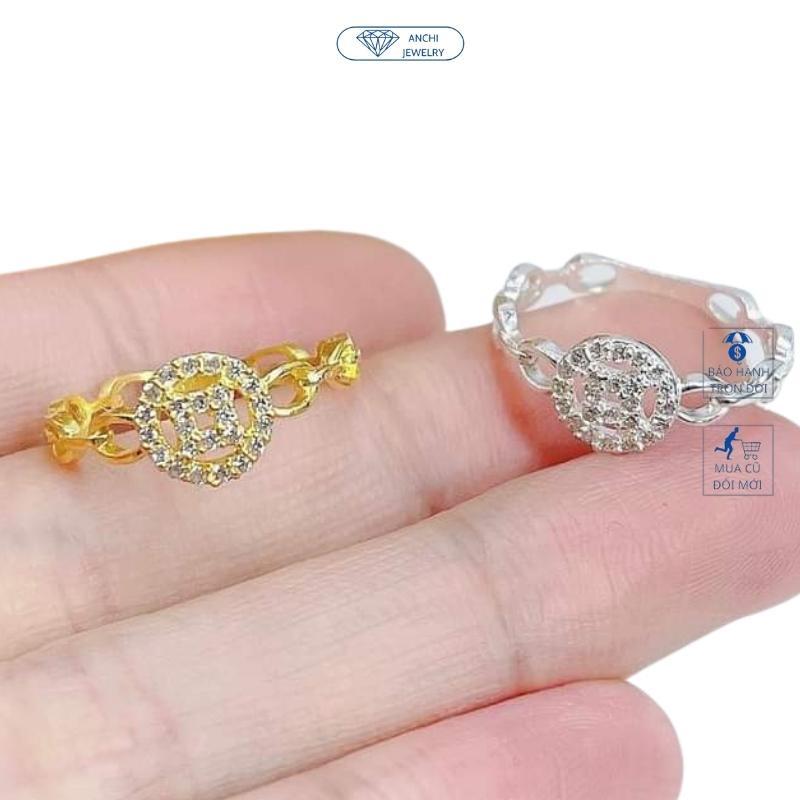 Nhẫn kim tiền chữ vạn đính đá bạc mạ vàng cho nữ, Anchi jewelry