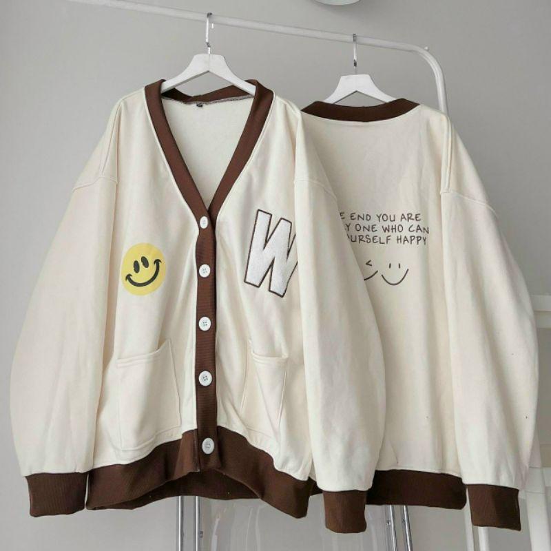 Áo Khoác nỉ bông FY mặt cười form rộng,tay phồng bo nhún,Mẫu áo nỉ bomber dây kéo phao unisex nam nữ
