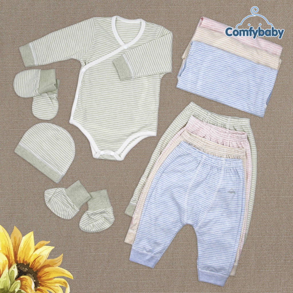 Set Bodysuit giữ ấm sơ sinh 5 món ComfyBaby (quần áo dài, bao tay chân, mũ) kẻ sọc màu xanh - 100% Cotton- chính hãng