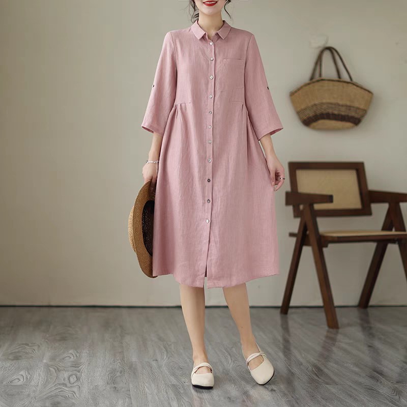 Đầm sơ mi suông dáng xòe thiết kế tay sắn phối 2 túi sườn trẻ trung vải Linen mềm mại