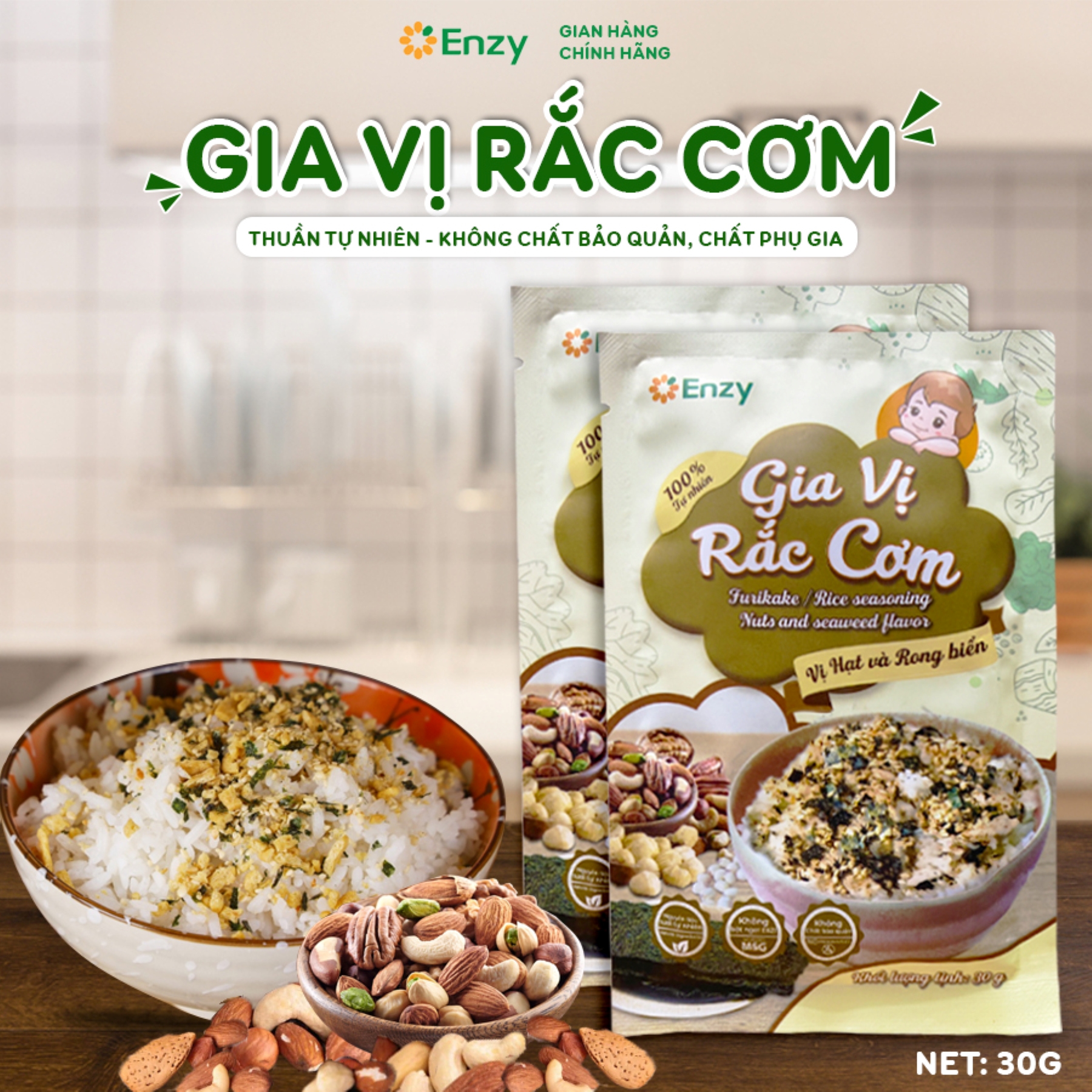 Gia Vị Rắc Cơm Ăn Dặm Cho Bé, Đồ Ăn Furikake Vị Hạt Và Rong Biển, Gia Vị Rắc Cơm Enzy, Gói 30gr