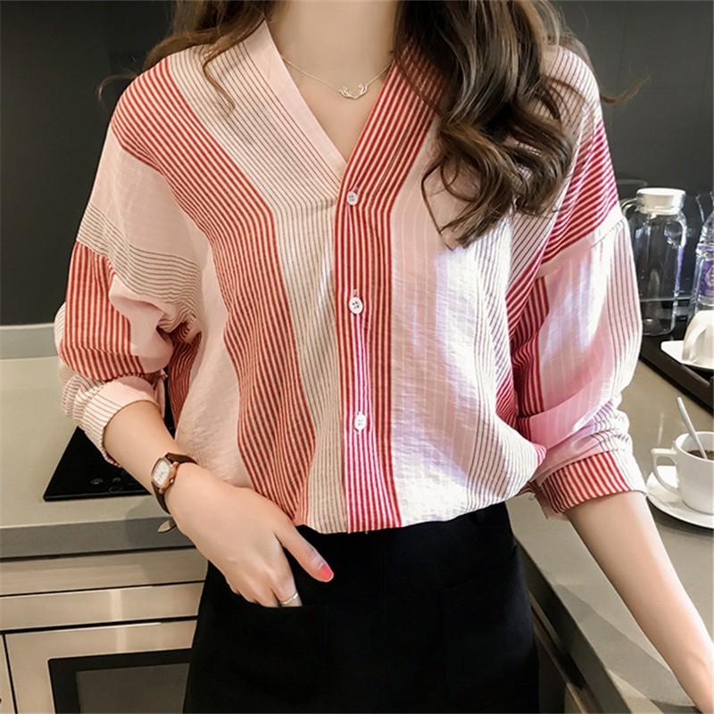Áo kiểu nữ thiết kế kẻ sọc xinh, áo vải đũi form rộng cổ đổ HB12