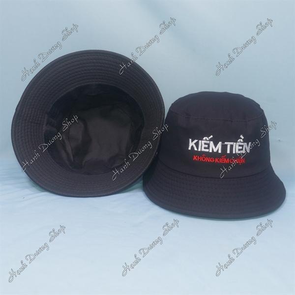 Nón tai bèo mũ bucket vành nhỏ thêu chữ Kiếm Tiền Không Kiếm Chiện - Đen