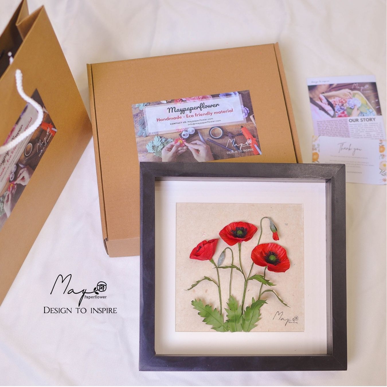 Tranh Hoa Giấy Handmade Trang Trí - Hoa Poppy Kết Hợp Giấy Dó MAYPAPERFLOWER Khung Tranh Gỗ Size 25x25cm