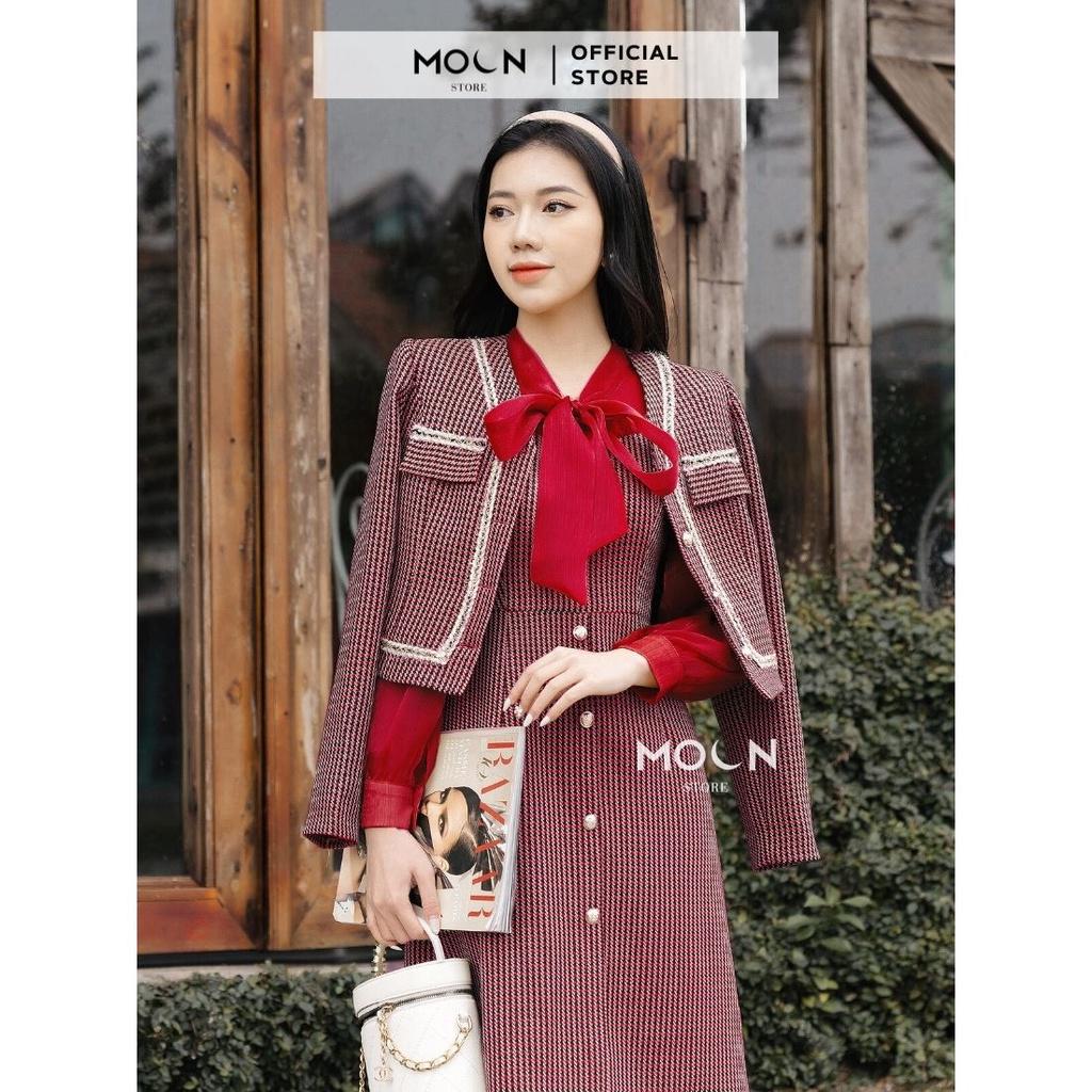 Áo khoác nữ dạ tweed cao cấp kẻ caro sang trọng dễ phối đồ áo nữ thu đông MVE613 MOON STORE