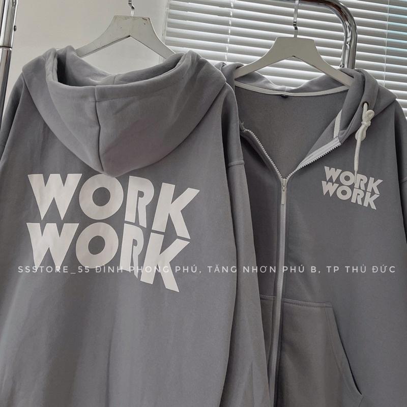 Áo khoác nỉ bông WORK màu xám form rộng unisex nam nữ