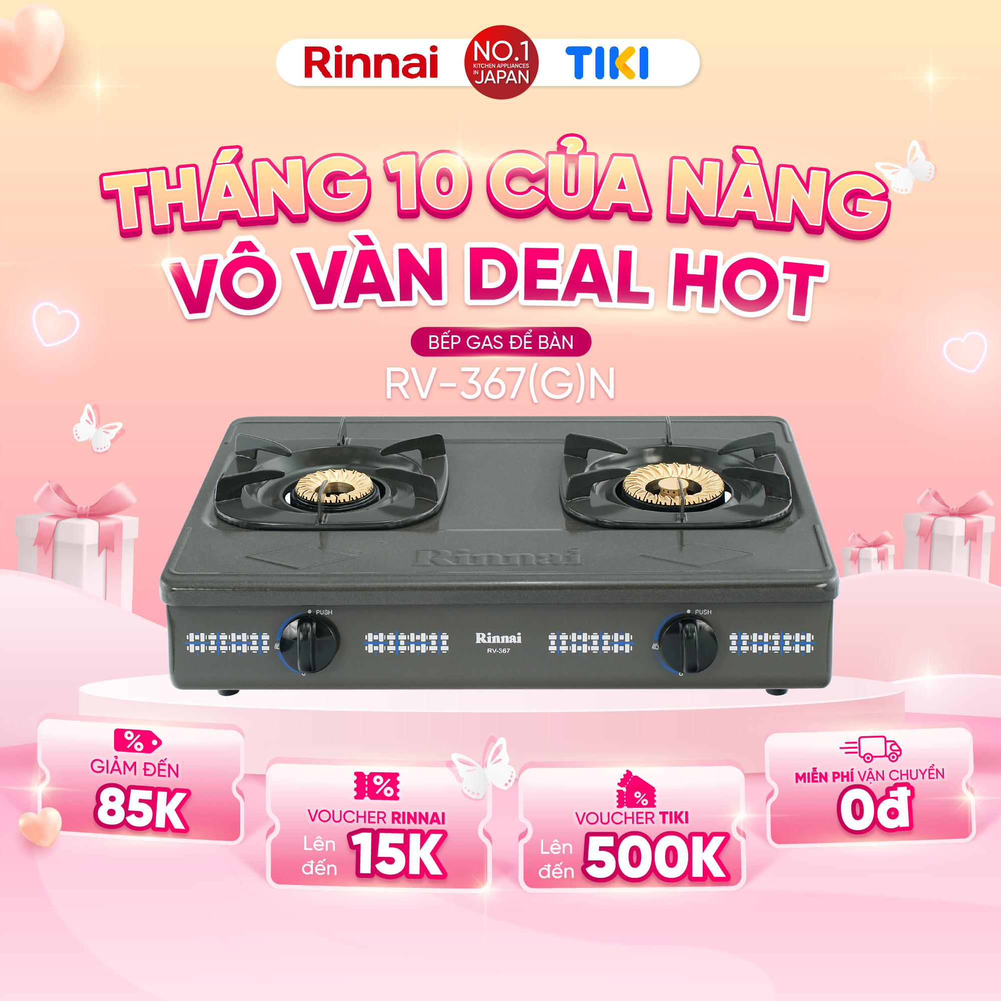 Bếp gas dương Rinnai RV-367(G)N mặt bếp men và kiềng bếp men - Hàng chính hãng.