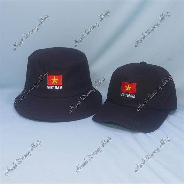 Set Nón Cặp Bucket &amp; Cap thêu lá cờ Việt Nam (LCV01); (NSV01) - Đen