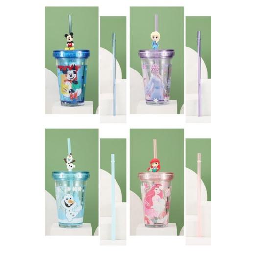 Ly ,cốc Dlsney trong suốt 2 lớp kim tuyến rơi bên trong kèm ống hút hình 3D siêu đẹp cho bé