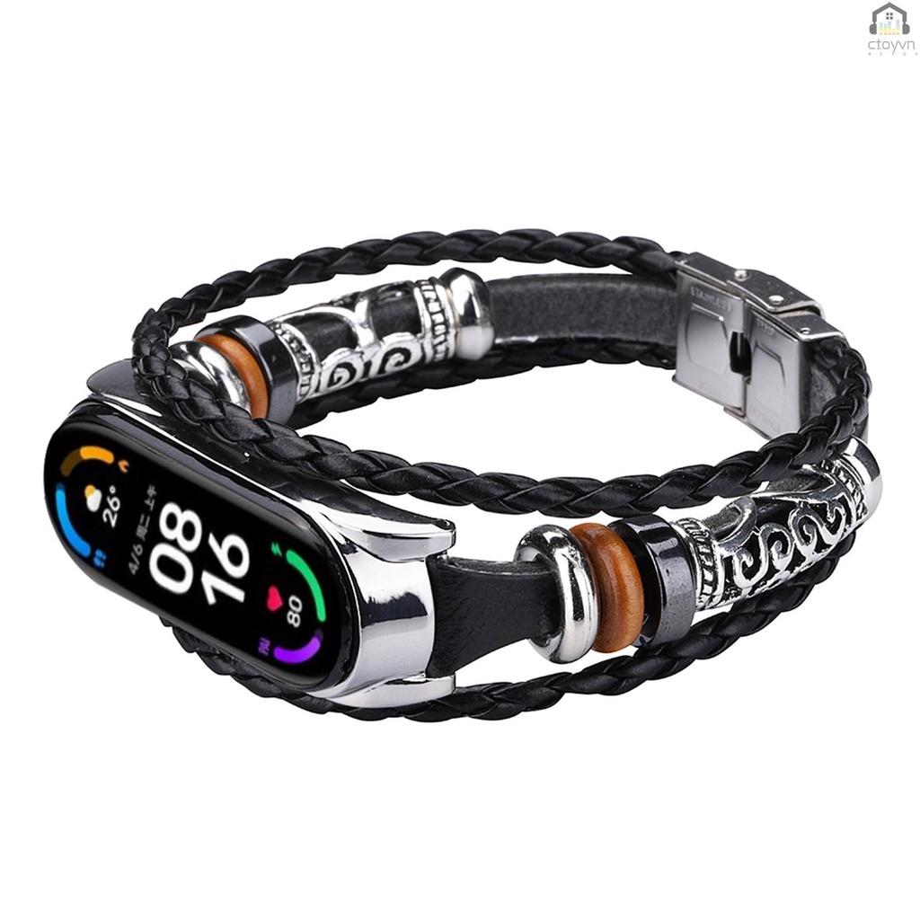 Dây đeo thay thế chất liệu da phong cách dân tộc cho Xiaomi Mi Band 6/6 NFC Mi Band 5