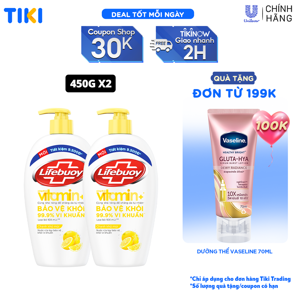 Combo 2 Nước Rửa Tay Lifebuoy Cho Tay Làm Bếp Giúp Khử Mùi Khó Chịu Và Bảo Vệ Khỏi 99.9 Vi Khuẩn Trên Tay Chai 450G