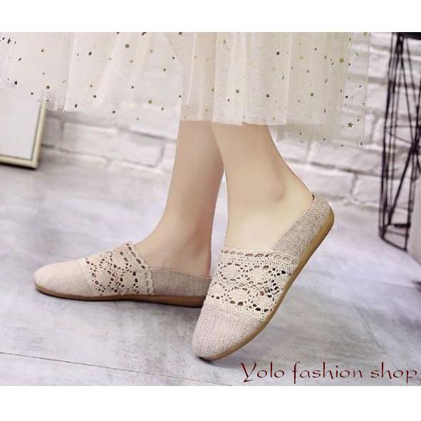 GL8 Giày lười slip on nữ phối ren vintage thời trang kèm hình thật