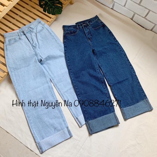 Quần jeans ống rộng gấp lai 2 màu đậm- nhạt