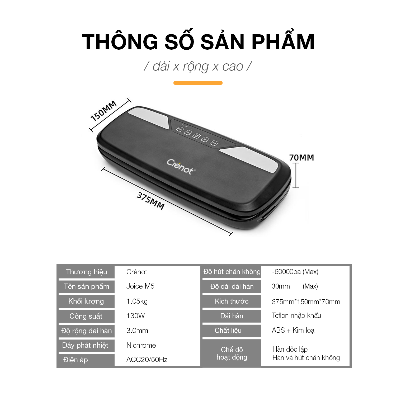 Máy hút chân không thực phẩm mini Crenot Joice M5 hàng chính hãng cho túi hộp bảo quản thức ăn gia đình tươi lâu