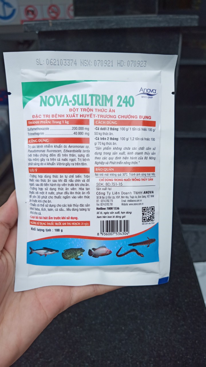 Nova Sultrim 240 Đặc Trị Bệnh Xuất Huyết - Trương Chướng Bụng Ở Cá, Tôm, Ếch, Lươn, Baba