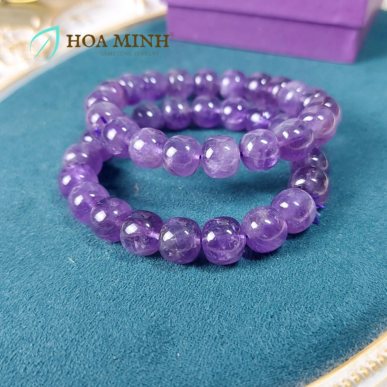 Vòng tay đá Thạch Anh Tím Amethyst tự nhiên hạt vuông bo tròn size 11 li phong cách cổ điển, hoàng gia