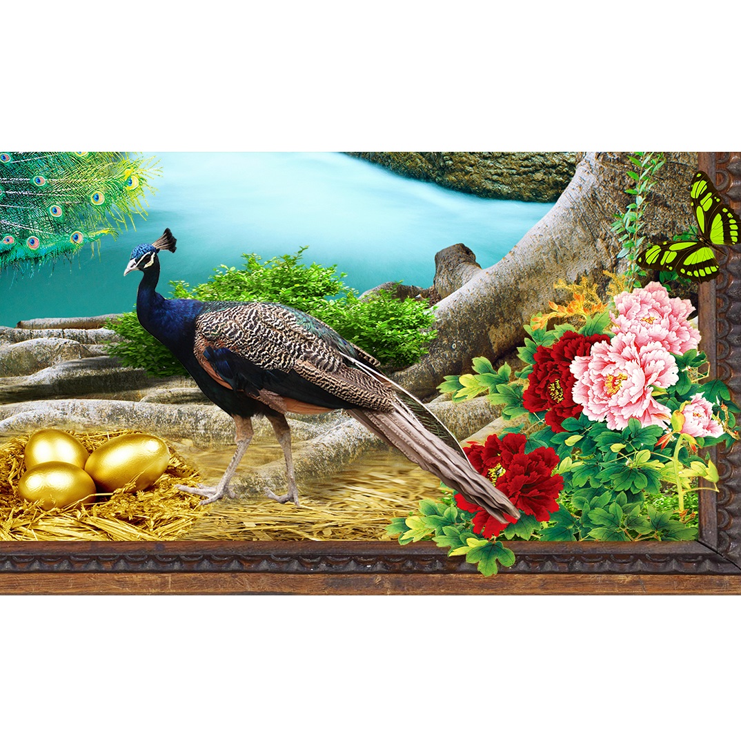 Tranh 3D dán tường - Khổng tước uyên ương sinh phú quý