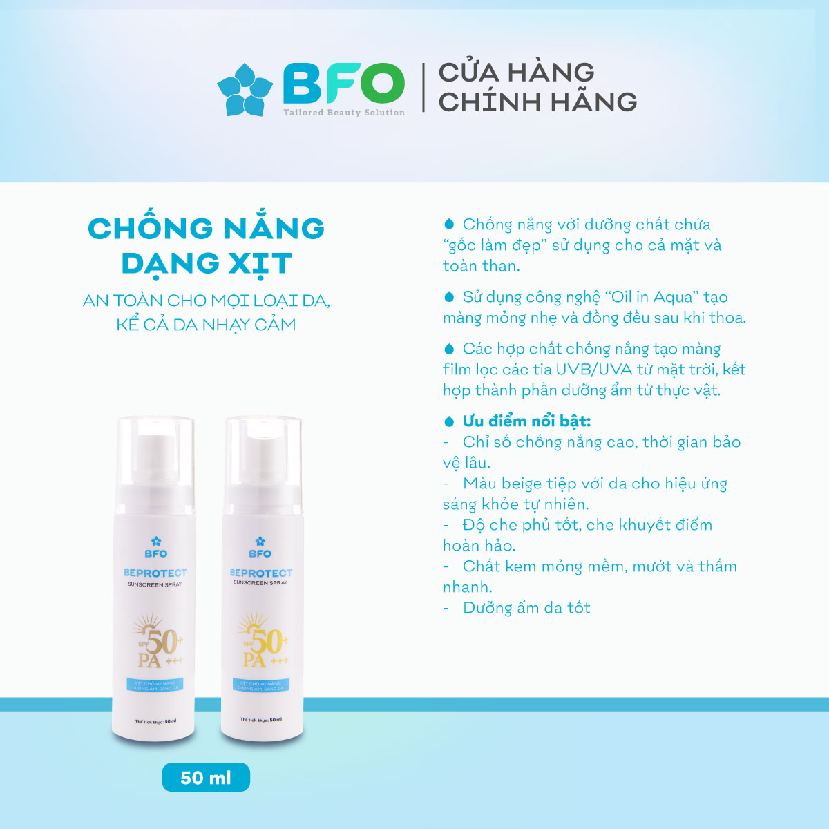 Xịt Chống Nắng Bảo Vệ Hoàn Hảo Dưỡng Da Nâng Tone Beprotect SPF 50 PA