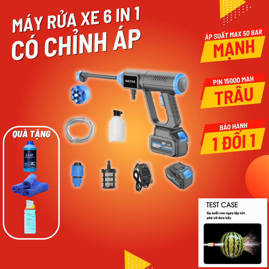 Máy rửa xe cầm tay có chỉnh áp, máy tưới cây dùng pin áp lực cao