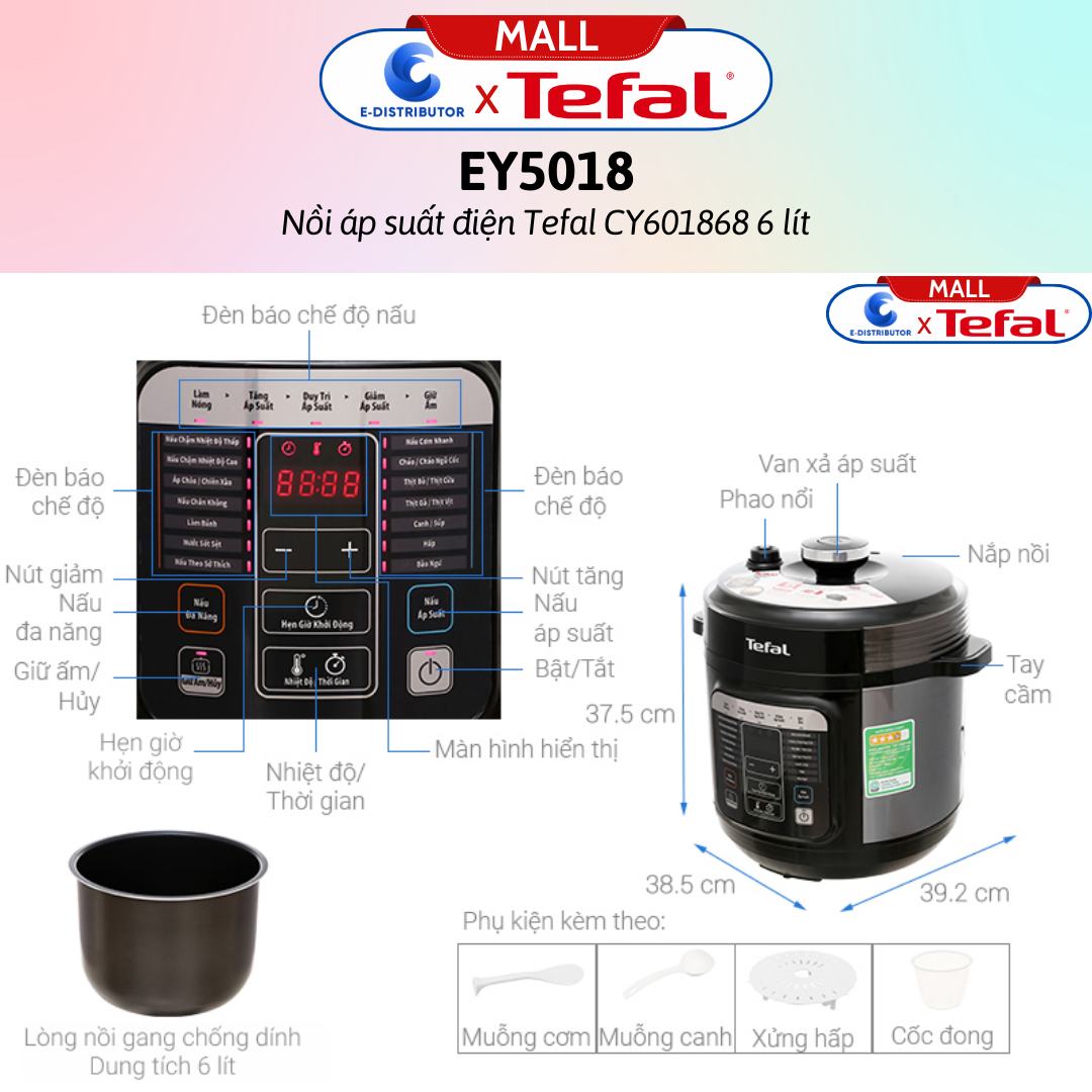 Nồi áp suất điện Tefal CY601868 6 lít - Hàng Chính Hãng