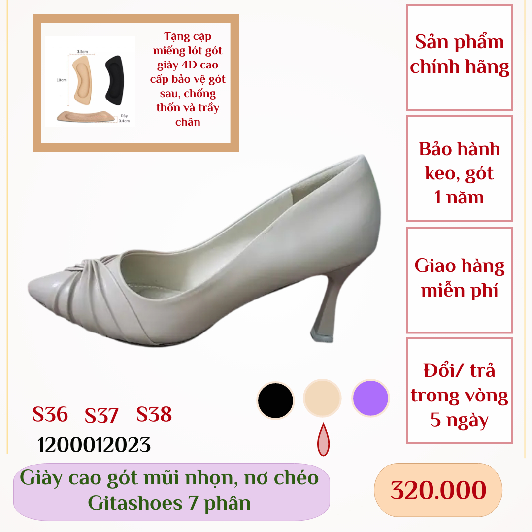 Giày cao gót mũi nhọn, nơ chéo Gitashoes 7 phân- 1200012023