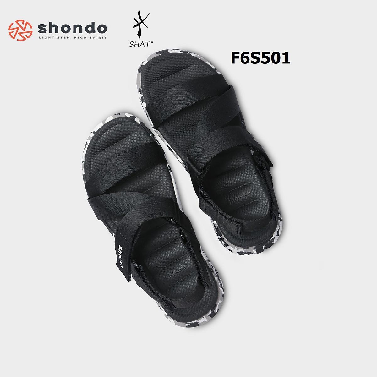 Giày sandal Shondo nam nữ đi học đế bằng camo đen full F6S501