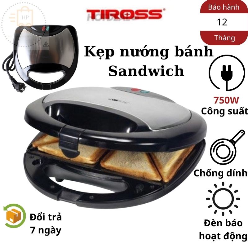 Kẹp Nướng Điện Sandwich, Kẹp Nướng Bánh Mì Hot Dog Tiross TS514 Chống Dính, Công Suất 750W, Thương Hiệu Ba Lan - Hàng chính hãng