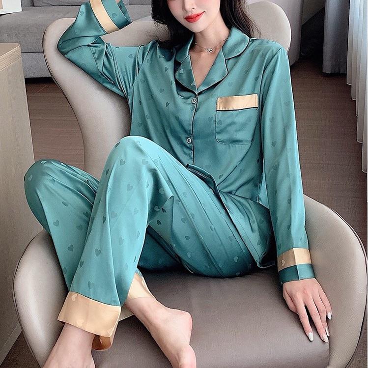 Đồ Bộ Nữ - Đồ Mặc Nhà Dài Tay Vải Lụa Cao Cấp Màu Trơn In Họa Tiết Tim DDLP08