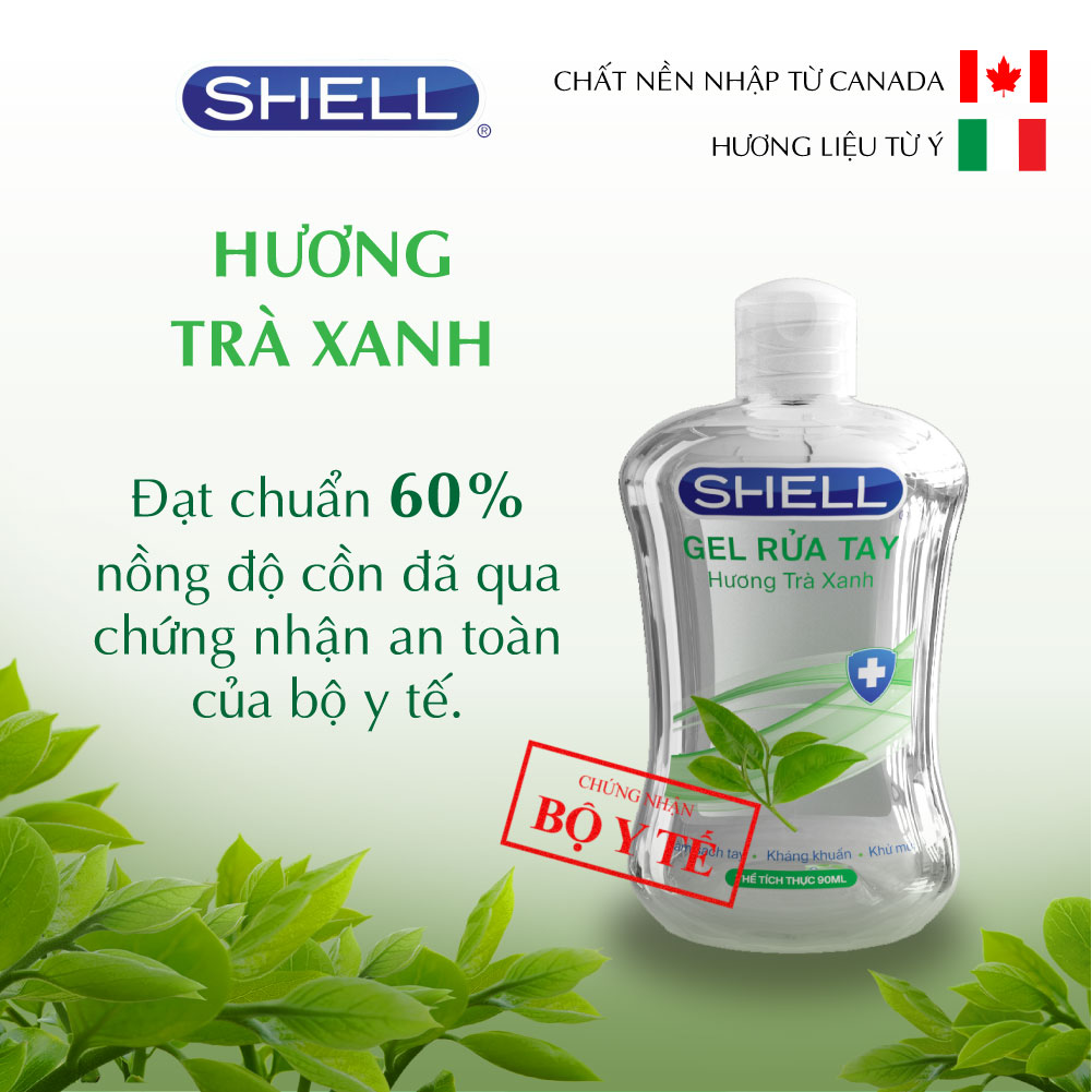 [450ml] Bộ 5 Nước rửa tay - Gel Rửa Tay Khô Shell - Hương Trà Xanh - Chống Vi Khuẩn, Diệt Trùng, Không Hại Da Tay - 90ml/Chai - Ngăn ngừa dịch bênh - Bảo vệ sức khỏe