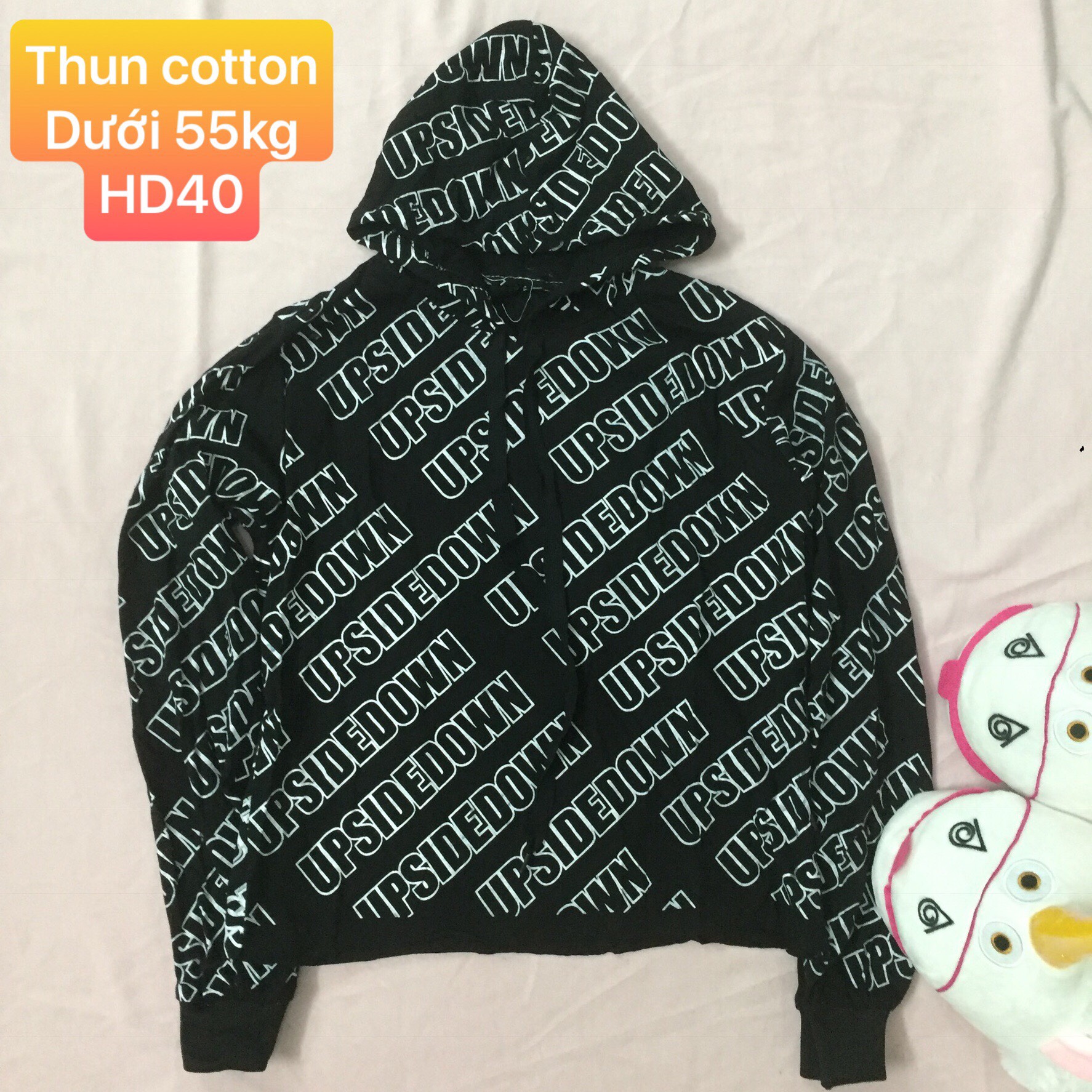 Áo hoodie nữ chất thun cotton 4c in full chữ UPSIDEDOWN. Ảnh thật trải sàn