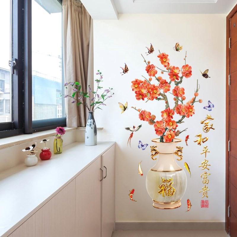 Decal dán tường Bình hoa đào đỏ 3D to nhất