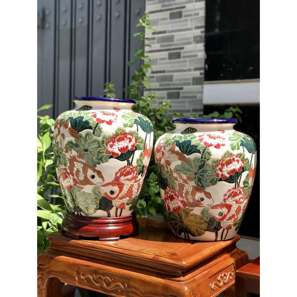 Bình hoa sen cá đại gốm sứ Nam bộ,Chóe trang trí cấm hoa decor nhà cửa,quà tặng,trưng hoa ngày lễ,tiệc tùng,để bàn thờ