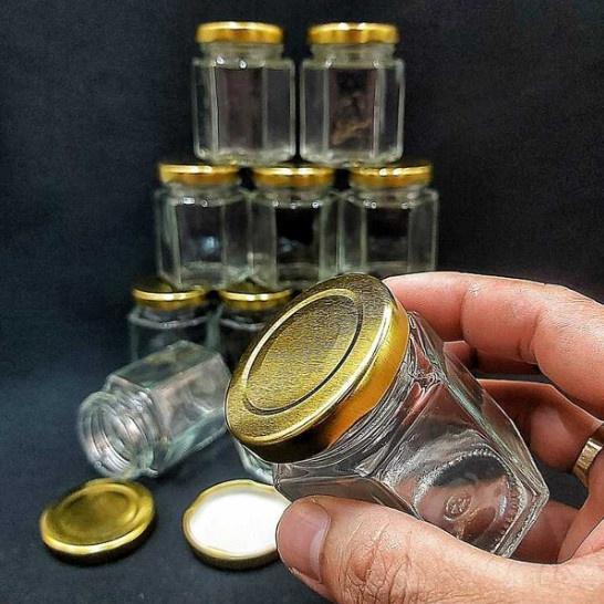 Combo 20 hũ thuỷ tinh nhỏ 80ml mẫu lục giác nắp thiếc vàng vặn – hủ thủy tinh đựng mật ong, yến chưng, dầu dừa, thức uốn