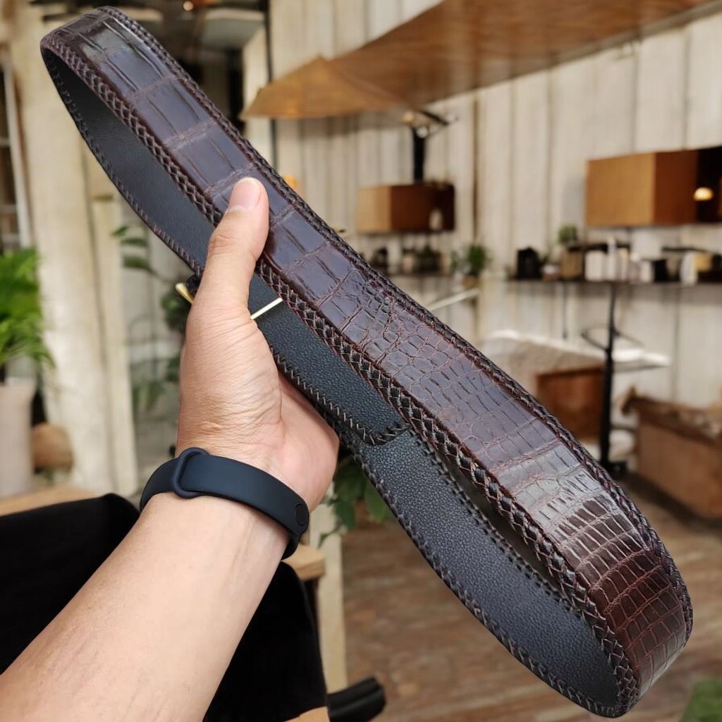 Dây nịt da bụng cá sấu liền tấm 4cm H29N1. Khóa H thép ko gỉ loại 1