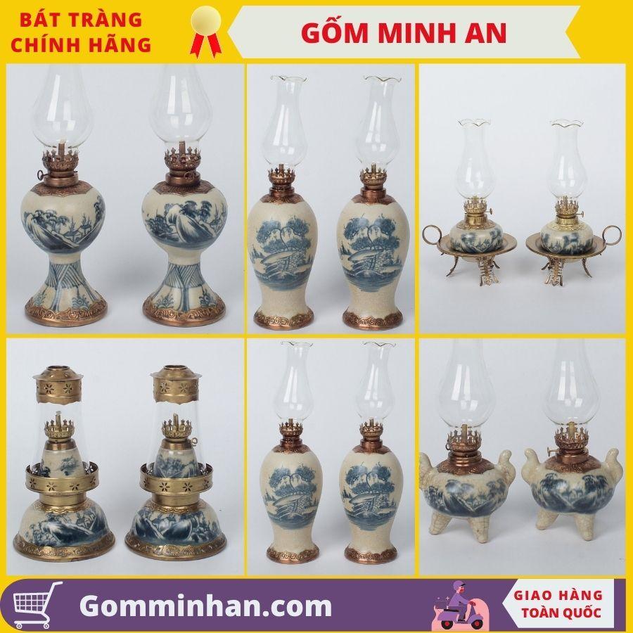 Đèn dầu thờ gốm sứ men rạn giả cổ bọc đồng dáng thấp- Gốm Sứ Bát Tràng- gốm Minh An