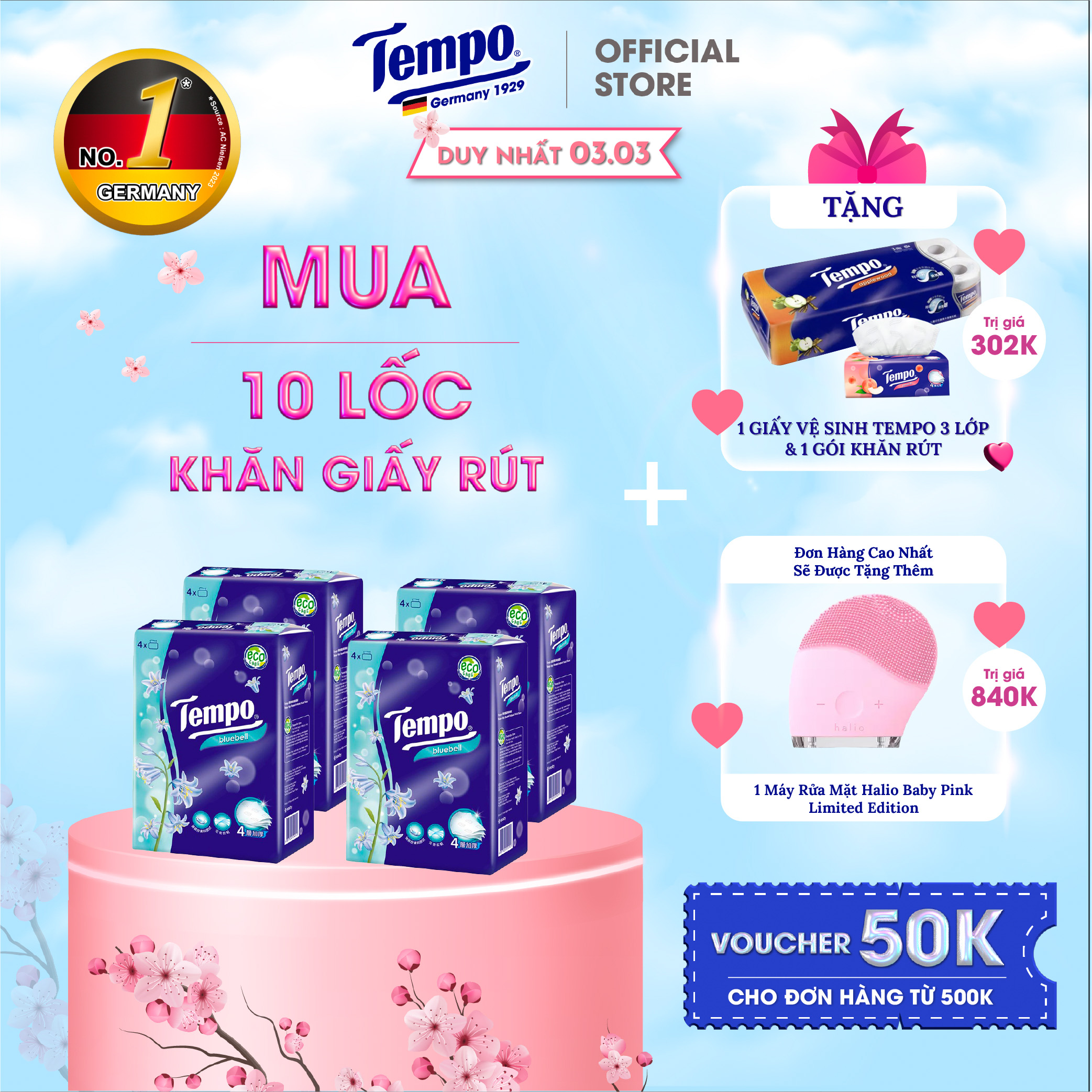 [MUA 10 LỐC TẶNG 1 LỐC GVS 3 LỚP + 1 BĂNG ĐÔ THỎ] Khăn Giấy Rút Cao cấp Tempo  - 4 Lớp Bền Dai, An Toàn Cho Da - Thương Hiệu Đức
