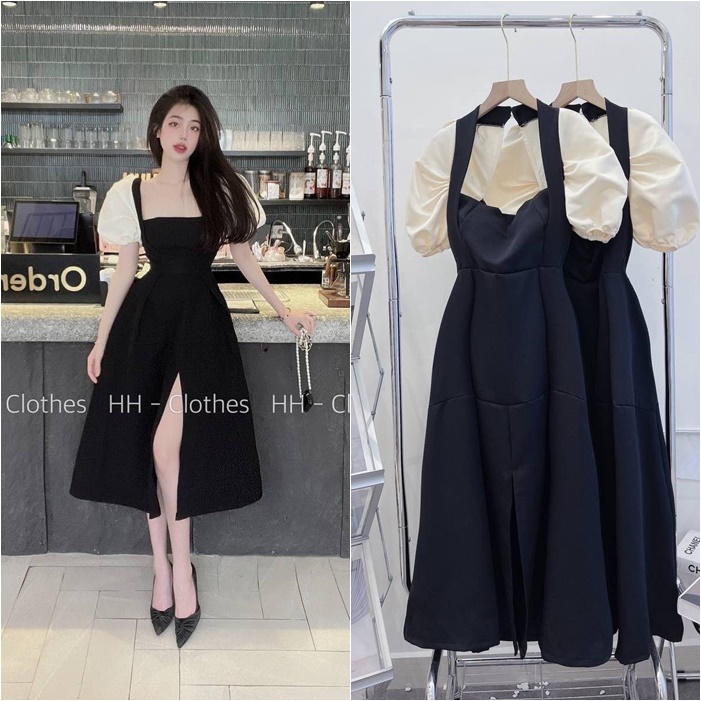 ĐẦM ĐEN CỔ U TAY BỒNG NGẮN