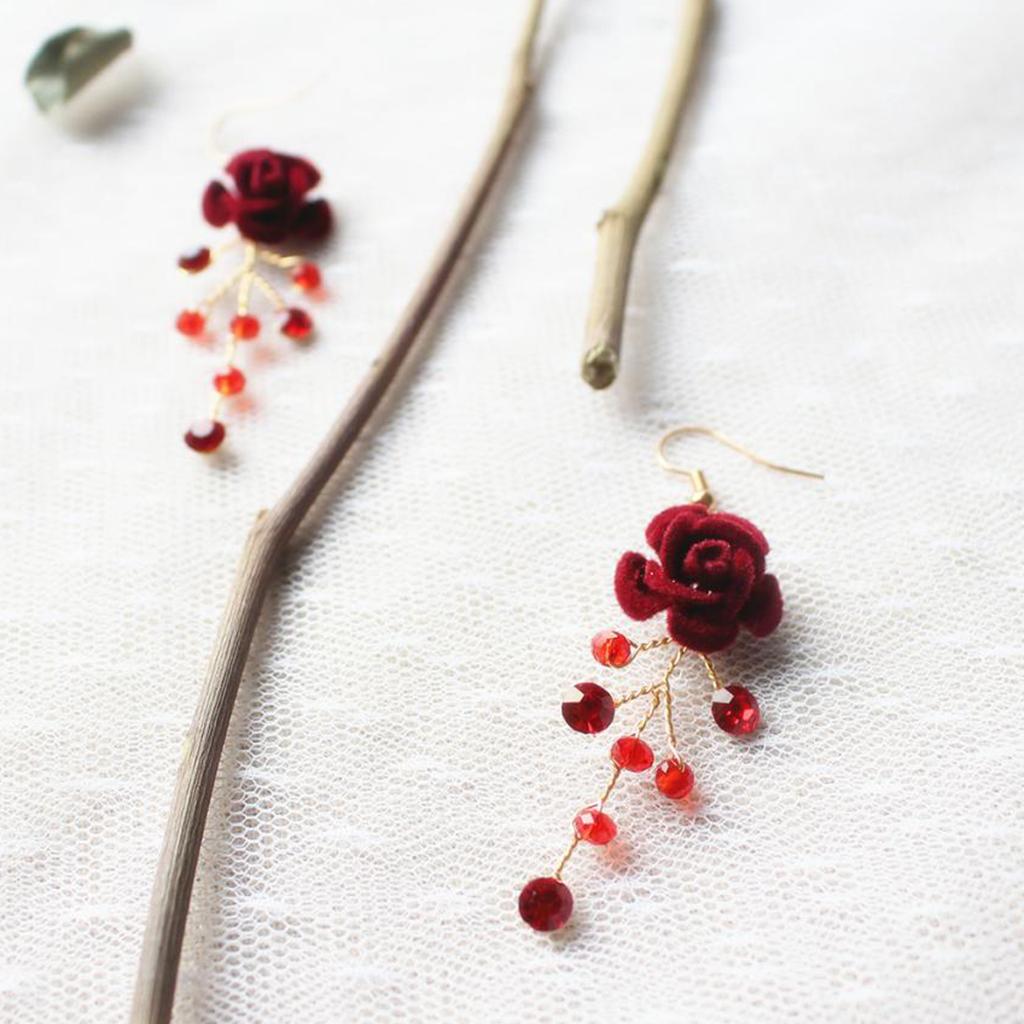 Bridal Red Crystal Drop Earrings Wedding Party Bridal Velvet Rose Earrings