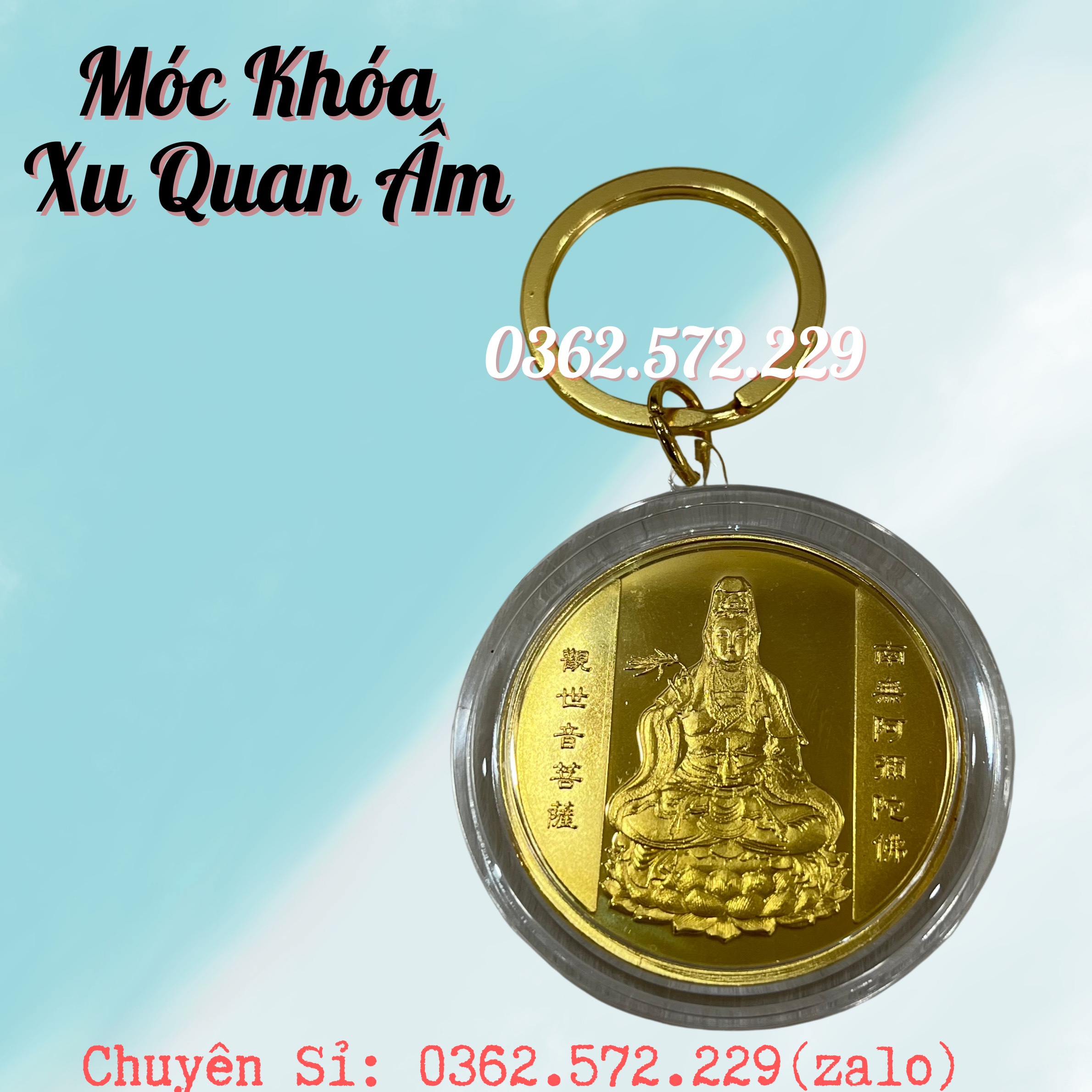 Móc khóa Đồng Xu Phong Thủy Quan Thế Âm và cá chép - Quà tặng phong thủy cầu bình an