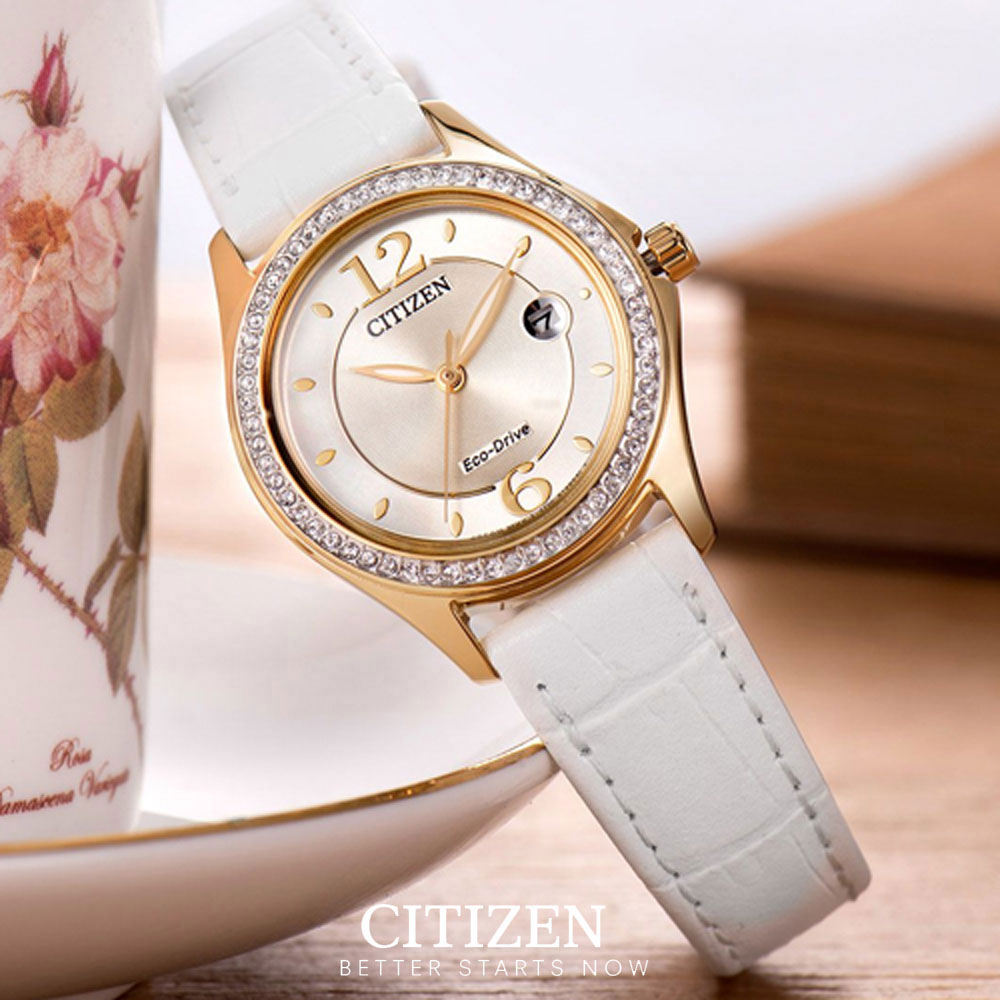 Đồng Hồ Nữ Citizen Đính Đá Swarovski Dây Da FE1142-05P - Mặt Vàng