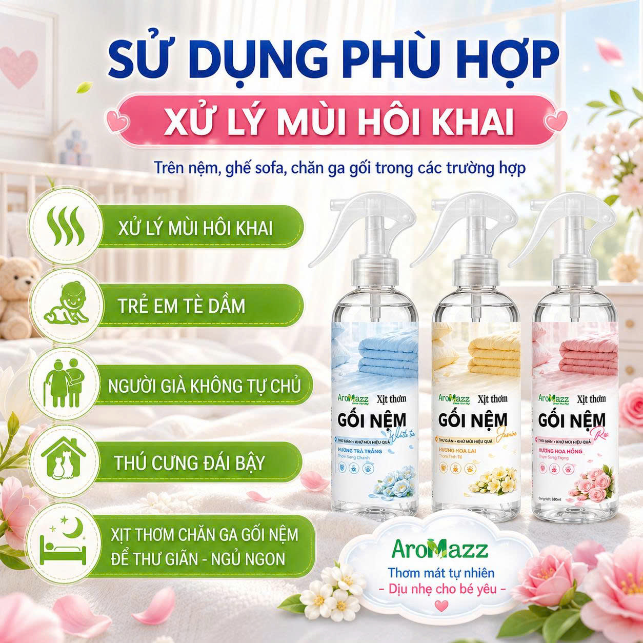 Xịt Thơm Chăn Ga Gối Nệm AroMazz, Khử Mùi Chăn Ga Gối Nệm Thư Giãn Ngủ Ngon Thành Phần Lành Tính An Toàn Sử Dụng Hàng Ngày