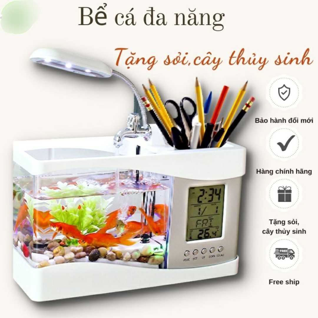 Hình ảnh Bể Cá Mini Để Bàn Làm Việc 3 in 1 Kiêm Đồng Hồ  Siêu Dễ Thương Hàng Loại 1 - Chính Hãng MINIIN + Tặng sỏi trang trí bể cá,sỏi biển đủ kích thước - Màu Ngẫu Nhiên