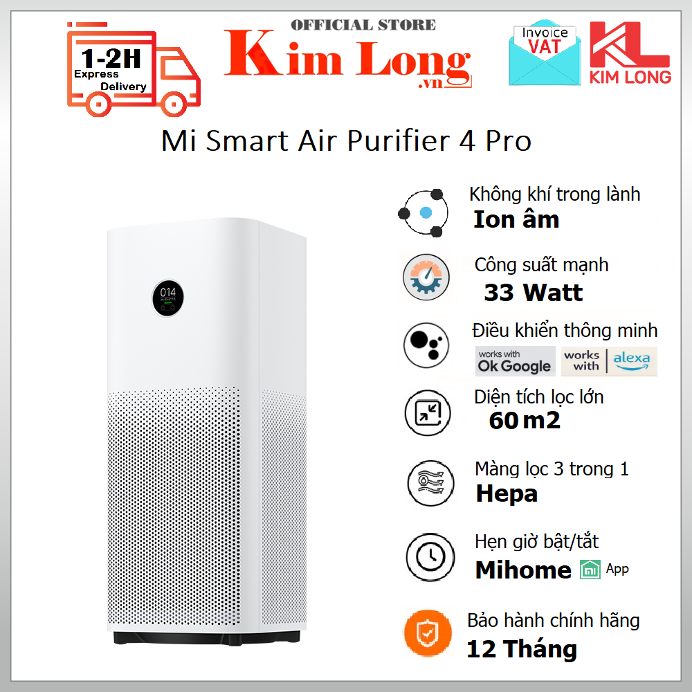 Máy lọc không khí Xiaomi Mi Smart Air Purifier 4 Pro , Tạo ion, Diện tích lọc lớn 60m2 Bản Quốc Tế - Hàng chính hãng