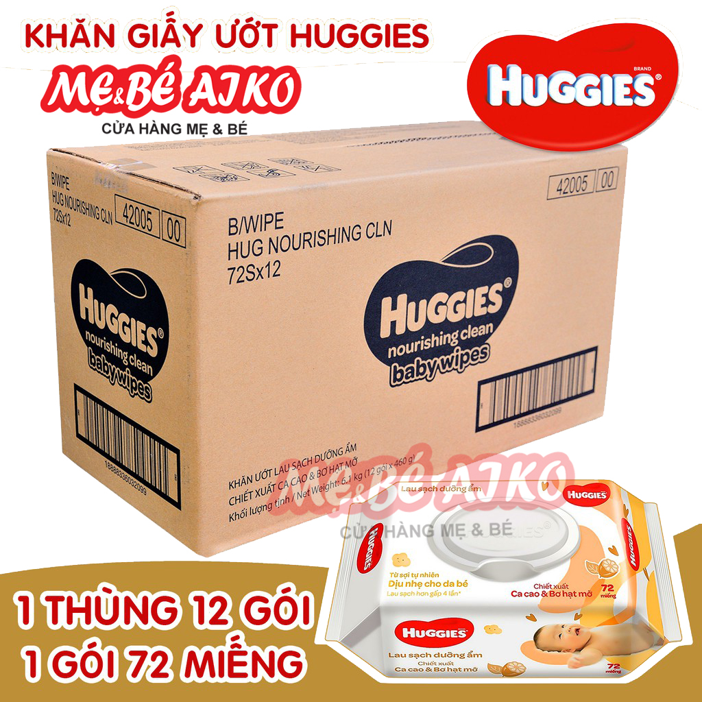 Combo 12 gói Khăn giấy ướt cho trẻ sơ sinh HUGGIES (Gói 72 tờ) - Chiết xuất Cao cao & Bơ hạt mỡ