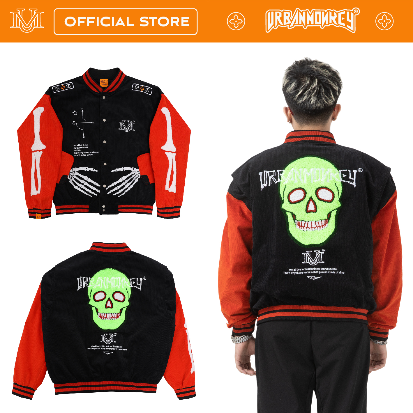 Áo Khoác URBAN MONKEY SKELETON Varsity Vải Nhung Tăm Cao Cấp Phối Black Neli