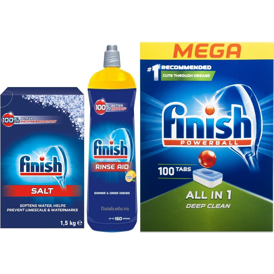 Combo Viên rửa bát fnish All in one 100 viên+Dung dịch nước làm bóng finish 800ml+Muối rửa bát chén finish 800ml cho Máy rửa bát