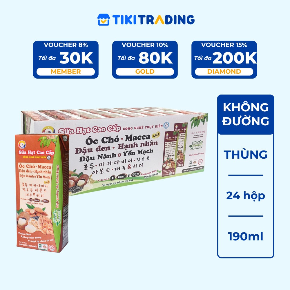 Sữa hạt cao cấp Óc chó - Macca - Đậu Đen - Hạnh Nhân - Đậu Nành &amp; Yến Mạch không thêm đường 190ml (24 hộp/Thùng)
