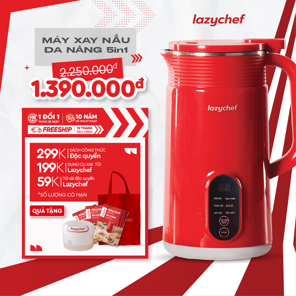 Máy Làm Sữa Hạt 5In1 Lazychef - Lô Mới 6 Lưỡi Dao Kép - Máy Xay Sinh Tố, Máy Làm Sữa Hạt - Dung Tích 800Ml, Bảo Hành 12