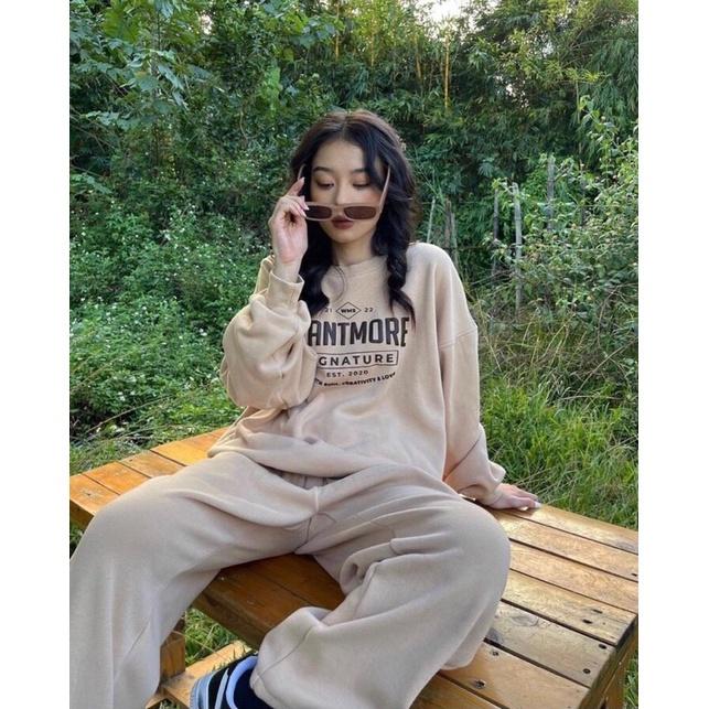 Bộ thể theo nỉ in chữ wantmore from thụng ulzzang - Áo sweater cổ tròn kèm quần ống rộng bo gấu thời trang